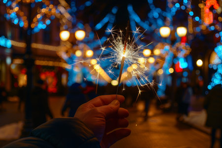 Festive winter scene  hand holding sparkler with smiling faces in blurred backgroundの素材