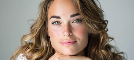 Confident plus size model posing in studio for advertising, ample copy space on left sideの素材