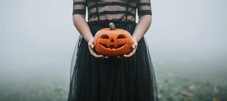 Eerie vampire in thick fog with wickedly carved pumpkin, creating striking contrastの素材