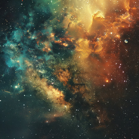 Celestial Tapestry Vibrant Cosmic Cloudscape with Illuminating Orange and Teal Nebulaの素材