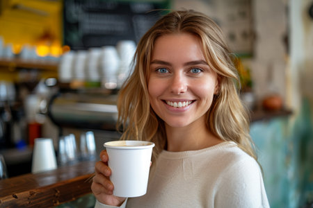 Portrait, Beautiful Smiling Woman with Long Blond Hair Having Coffee Break in Cozy Cafeの素材