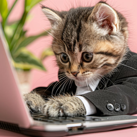 Adorable Tabby Kitten in a Business Suit Typing on a Laptop, Close Up on Pink Backgroundの素材