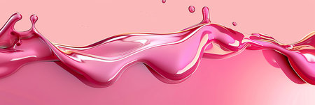 Abstract pink liquid splash with drops, isolated on a pink background, Digital 3D illustration.の素材