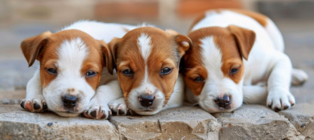Three Adorable Jack Russell Terrier Puppies Resting Peacefully on a Textured Stone Surfaceの素材