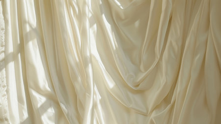 Sunlight Streaming Through Luxurious Silk Drape, Flowing Fabric Texture Background, Soft Creamの素材