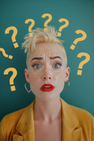 Confused Young Woman With Question Marks, Confused Face Expression, Question Mark, Thinking Womanの素材