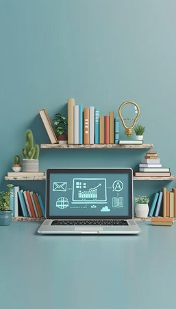 Laptop Computer Mockup on Cozy Workplace Desk With Creative Accessories Bookshelf 3D Renderingの素材