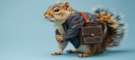 Squirrel Dressed in Suit Businessman with Bag on Blue Background, Business Conceptの素材