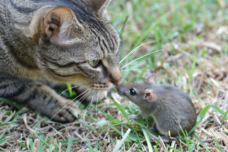 Curious Cat and Fearless Mouse Meeting, Wildlife Encounter, Predator and Prey in Nature.の素材