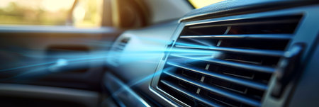 Close up of black plastic car air conditioning vent with smooth blue airflow, illuminated frontallyの素材