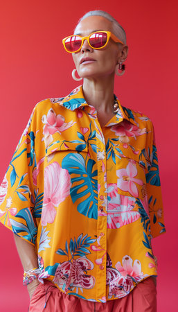 Stylish Mature Woman with Short Grey Hair Wearing a Tropical Print Shirt and Sunglassesの素材