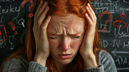 Stressed Teen Girl with Math Problem on Chalkboard, Education and Learning Difficulties Conceptの素材