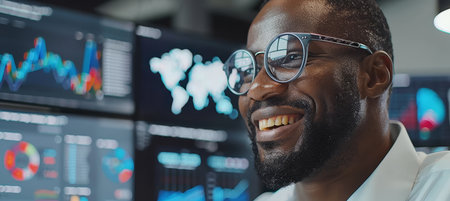 Smiling African American Man Working With Multiple Monitors and Charts in a Modern Office Settingの素材