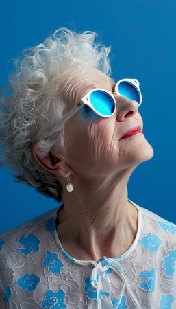 Portrait of a Senior Woman With White Hair With Blue Sunglasses Against Blue Backgroundの素材
