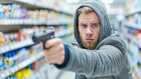 A masked robber with an intense gaze points a gun inside a supermarket, crime and danger.の素材