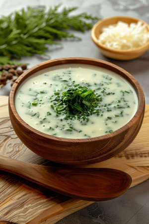Delicious Creamy Wild Garlic Soup with Microgreens. Wooden Bowl, spoon, gray Textured Backgroundの素材