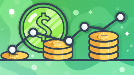 Financial Growth Concept with Line Graph and Increasing Stacks of Gold Coins on Green Backgroundの素材