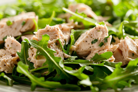 Close Up Fresh Salad with Arugula, Grilled Chicken Breast and Peppers, Healthy Food Conceptの素材
