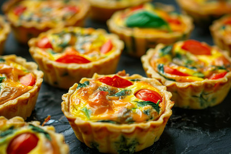 Delicious savory tarts with cherry tomatoes close up of party food or individual appetizers.の素材