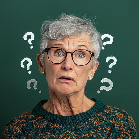 Confused Senior Woman With Question Marks Surrounding Head, Portrait Against Green Backgroundの素材