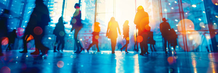Silhouettes of People Walking in a Blurred Motion Through a Bright, Contemporary Cityの素材