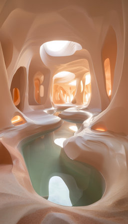 Sculptural Cave Interior with Water Feature, Organic Architecture Design, Abstract and Surreal Spaceの素材