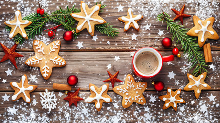 Festive Christmas Background. Gingerbread, Snow, Hot Coffee, and Ornaments on Rustic Wood. Top View.の素材