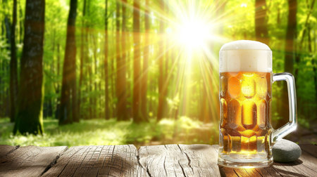 Refreshing Cold Beer Mug on Wooden Table in Sunny Green Forest, Perfect Summer Beverageの素材
