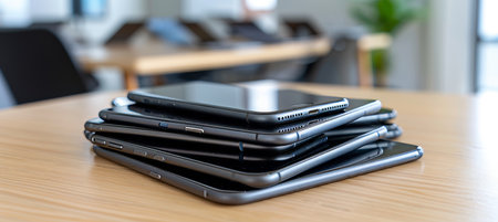 A Stack of Modern Mobile Smartphones Laying on a Desk in a Blurred Office Environmentの素材