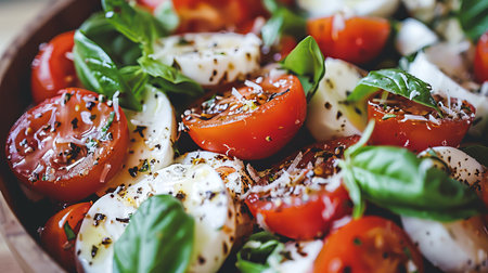 Fresh Italian Caprese Salad with Tomatoes and Mozzarella, Topped with Basil, Seasoned Olive Oilの素材