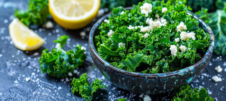 Fresh Kale Salad with Crumbled Cheese and Lemon Wedges, Healthy Eating and Vegetarian Food Conceptの素材