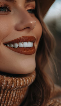 close-up face, Beautiful Girl in Turtleneck sweater with Autumn makeup . Fashion Beauty portrait,の素材