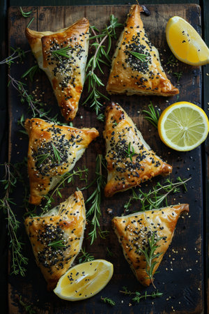 Six Freshly Baked Savory Pastries With Sesame-Lemon Flavored Garnish on Rustic Wooden Boardの素材