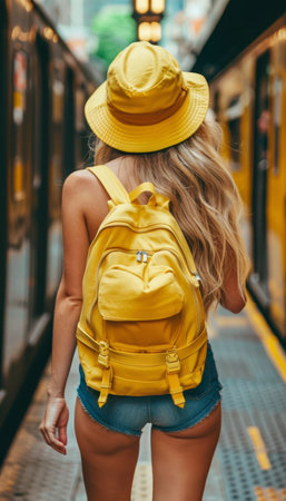 Woman Tourist With Yellow Backpack Walking on Platform At The Train Station. Travel Concept.の素材