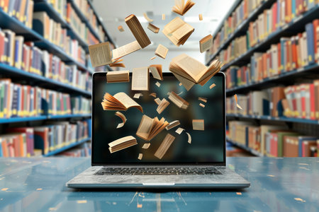 The World of Knowledge at Your Fingertips Open Laptop With Pages Flying Out in a Library Settingの素材