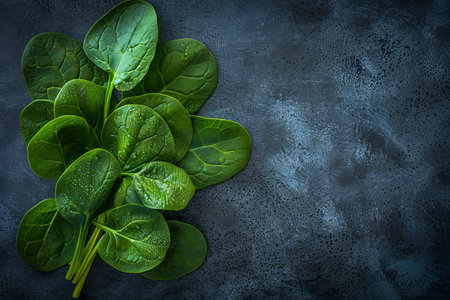 Fresh Organic Baby Spinach Leaves on a Dark Textured Background, Healthy Eating Conceptの素材