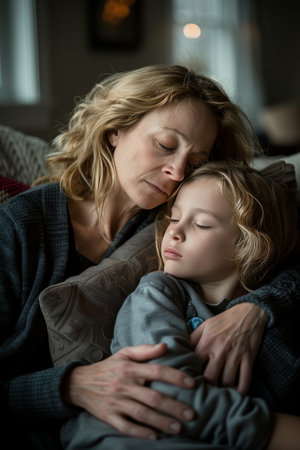 A mother tenderly embraces her young daughter, providing comfort and love in a tender moment.の素材