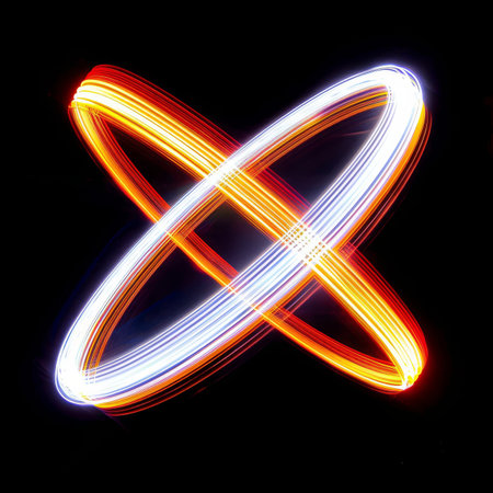 Abstract glowing code lines intertwined creating intricate shape on dark backdropの素材