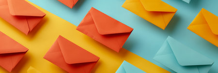 Colorful paper envelopes in unique shapes on gradient background from yellow to blueの素材