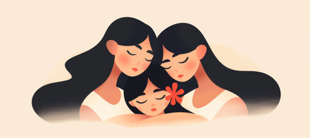 Tender Embrace Two Women Share A Heart-Warming Moment with Small Child, Beige Backgroundの素材