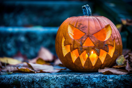 Menacing jack o lantern on porch step with flickering candle  spooky halloween sceneの素材