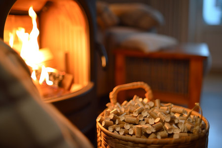 Wood pellet stove with transparent window showing burning pellets for efficient heatingの素材