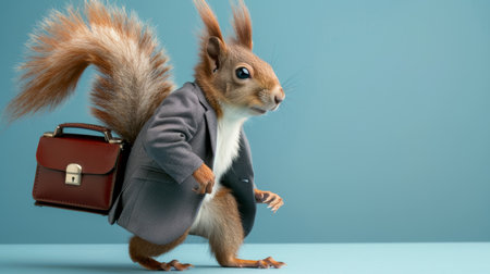 Side View Of A Squirrel In A Suit Carrying Briefcase, Isolated On Blue With Copy Spaceの素材