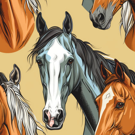 Horse Portraits, Seamless Pattern of Horse Heads on Beige Background, Equestrian Theme Illustrationの素材