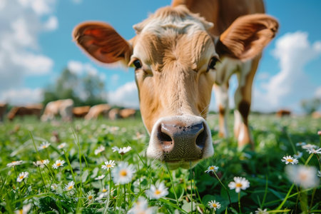 Curious Jersey Cow Enjoys Summer Day, Closeup In Field Of Daisies, Idyllic Farmland Sceneの素材
