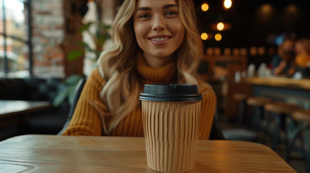 Smiling Woman in Cafe with Coffee Cozy Autumn Vibes, City Lifestyle, Cafeteria Interiorの素材