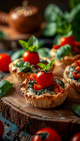 Savory Tartlets with Spinach, Cheese, and Fresh Tomatoes, Delicious Appetizer or Snackの素材