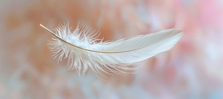 A Single White Feather Floats on a Soft Pastel Background, Evoking Peace, Tranquility, and Hopeの素材