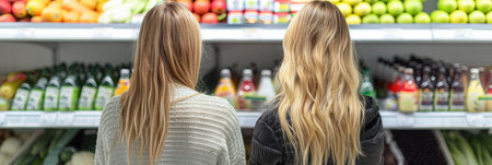 Two Women With Long Blonde Hair Shopping in Grocery Store Reading Food Products Information on Shelfの素材