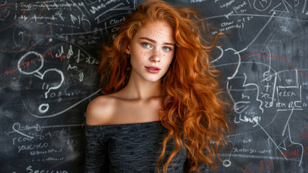 Portrait of a beautiful young woman with long, flowing red hair and freckles against a chalkboard.の素材
